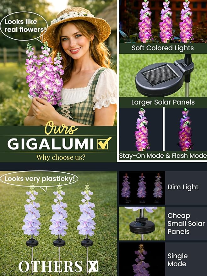 GIGALUMI Solar Lights Outdoor for Garden Decor, 3 Pack Solar Flower Lights Waterproof, 2 Lighting Modes Delphinium for Pathway,Yard, Patio Decoration, Gardening Gifts for Women (Purple)