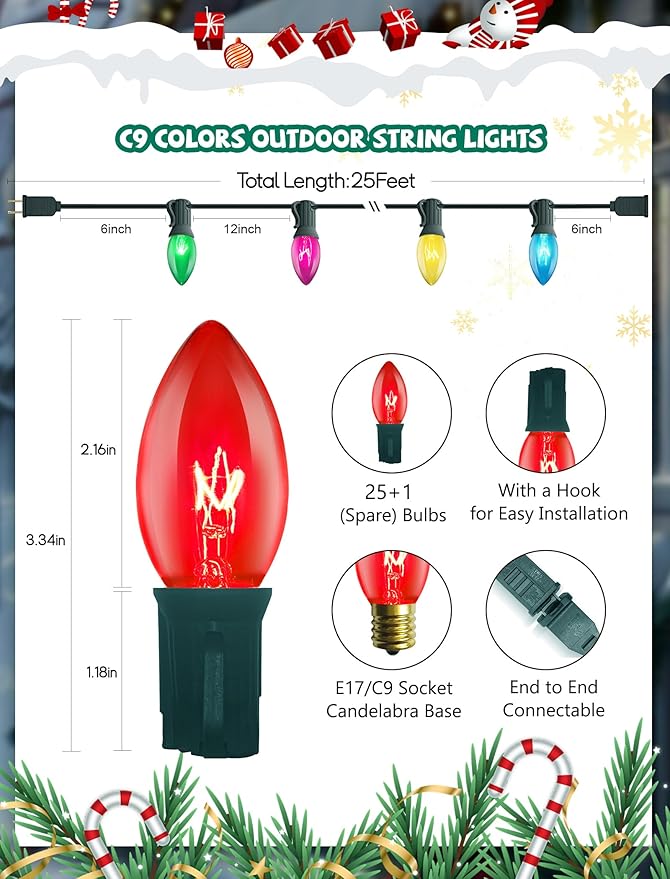 C9 Multicolor Christmas Lights, 25Ft Transparent Multicolor String Lights with 26 Clear Glass Bulbs (1 Spare), Hanging Vintage Christmas Lights String for Indoor Outdoor Christmas Tree Garden Party