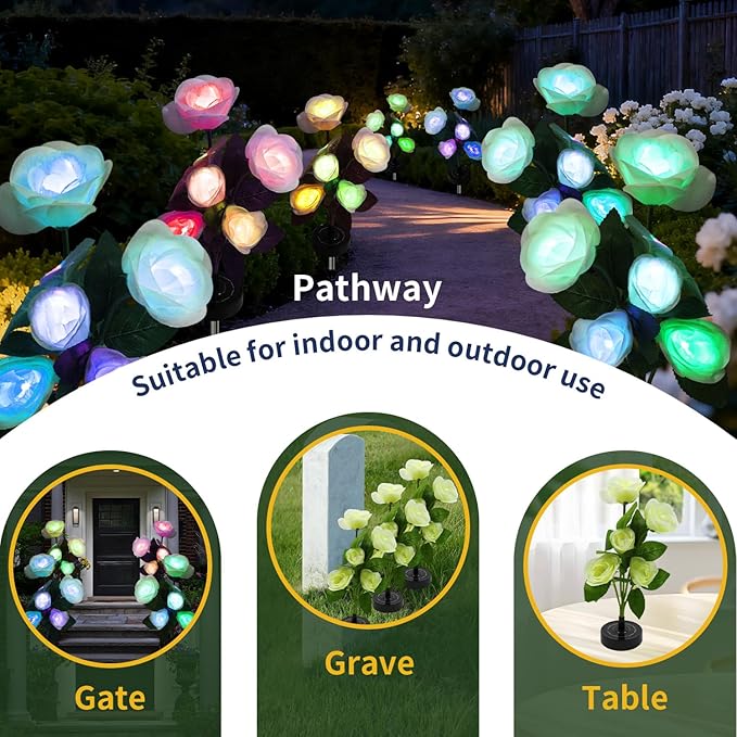 Solar Rose Garden Lights Outdoor Decorative, 7 Color Changing Solar Flower Lights Waterproof, 40H Solar Powered Pathway Lights for Yard Lawn Patio Walkway Landscape Decor, 4pcs