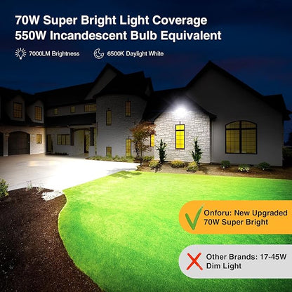 Onforu 70W LED Dusk to Dawn Flood Lights, 7000LM White Exterior Security Outdoor Lighting,IP65 Waterproof Outdoor 3 Adjustable Heads Photocell Light Fixture,6500K Floodlight for Garage,Patio,Yard