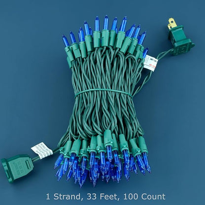 YULETIME 100 Count Blue Christmas Lights, 33 Feet Green Wire UL Certified Incandescent-Like LED Mini String Lights