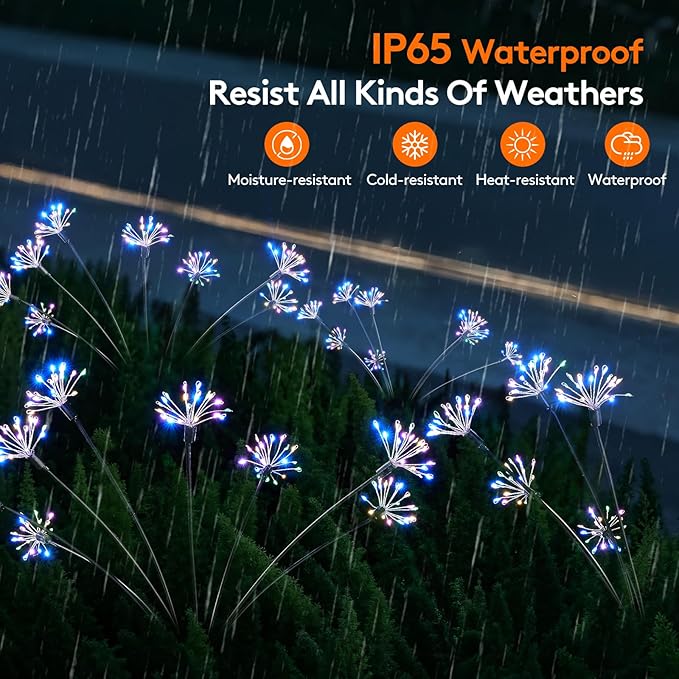Solar Garden Lights Outdoor Waterproof Decorative, 2 Pcs 160LED Solar Swaying Starburst Firework Lights for Yard Lawn Patio Pathway Walkway, 8 Lighting Modes, Christmas Wedding Party Gift (Colorful)