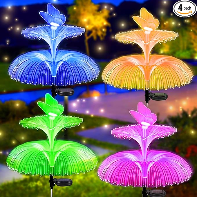 SunKite Solar Garden Lights - 7 Color Changing, Double Jellyfish & Butterfly, Waterproof, Solar Flower Lights for Outdoor Decor