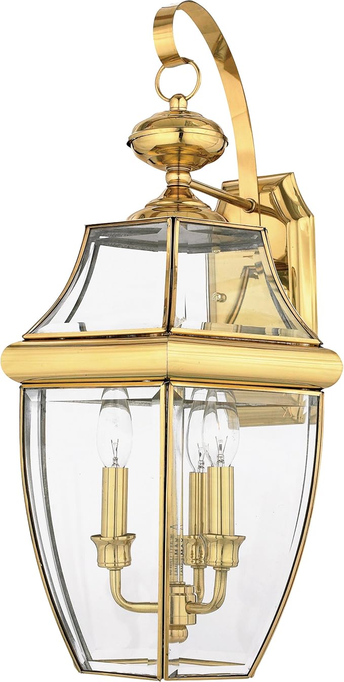 Quoizel Newbury Outdoor Wall Lantern, 23 Inch 3-Light Polished Brass Wall Sconce, French Country Exterior Wall Lantern Fixture, E12 Base, Clear Glass, Outside Lights for Patio, Porch, Garage or Yard