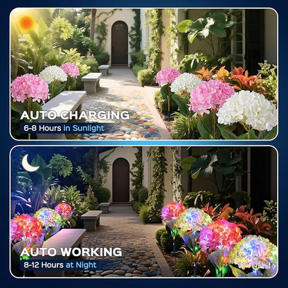4 Pack Solar Garden Lights Outdoor, LED Colorful Waterproof Solar Powered Hydrangea Flowers Landscape Lights for Patio, Outside Yard, Pathway Decorative, Décor, Two Lightning Modes