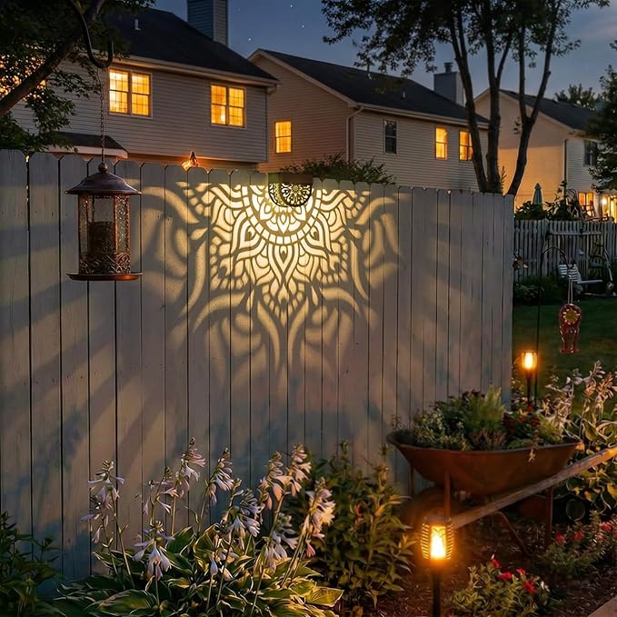 4 Pack Solar Fence Lights Outdoor Wall Lights Plastic Solar Powered Deck Step Stair Lights Mandala Theme Waterproof Fence Solar Light for Garden Post Patio Yard Decor, Gardening Gifts for Women Mom