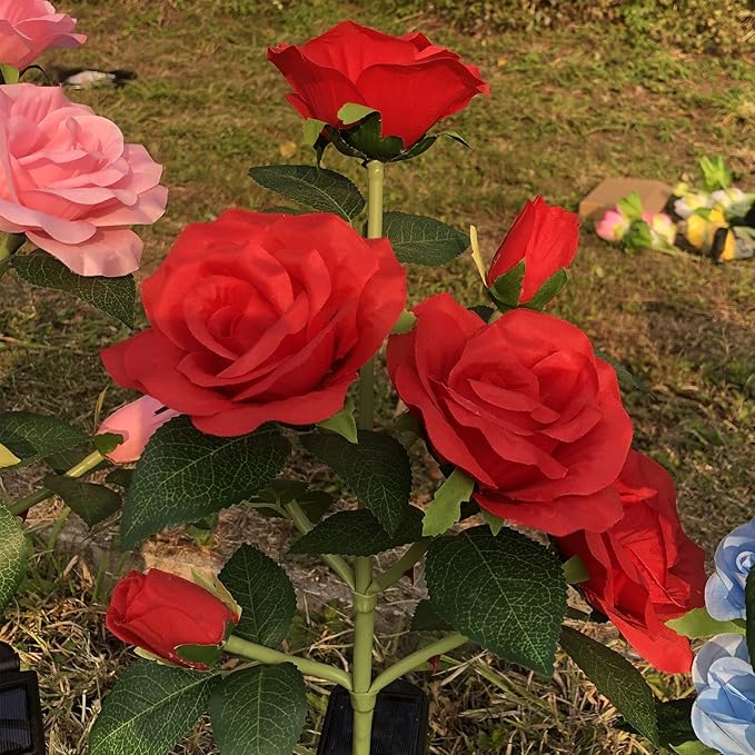 Homeleo [Upgraded 6 Flowers] Garden Solar Decorative Lights, Outdoor Waterproof Realistic Artificial Rose Flowers for Backyard Pathway Porch Step Memorial Cemetery Gravesite Decor, Red