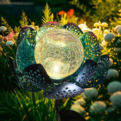 Bshine Lotus Solar Light Outdoor, Waterproof Crack Glass Globes LED Lotus Flower Metal Stake Valentine's Day Outdoor Decor Yard, Courtyard, Path, Art Lawn Ornaments, Gift for Mom Housewarming, Blue