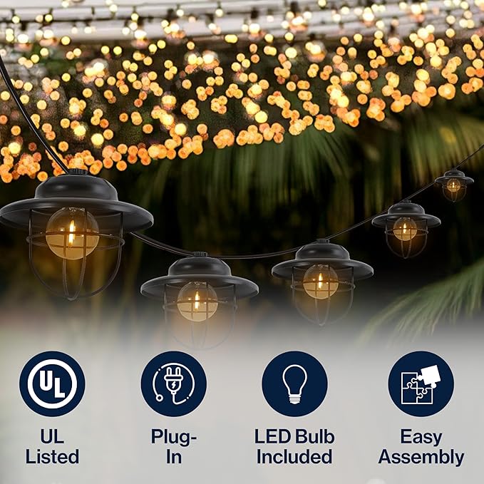 JONATHAN Y JYL8703A-SET2 Indoor Outdoor Rustic Farmhouse LED G40 Metal Cage Shade String Lights Garden Patio Backyard Porch Balcony, 10 ft. 10-Light, Black, Set of 2