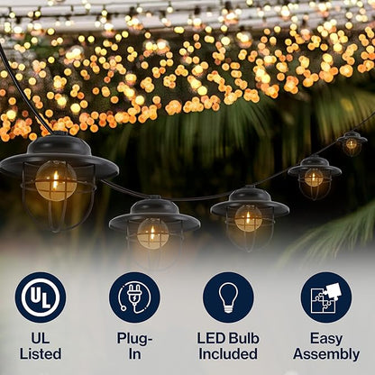 JONATHAN Y JYL8703A-SET2 Indoor Outdoor Rustic Farmhouse LED G40 Metal Cage Shade String Lights Garden Patio Backyard Porch Balcony, 10 ft. 10-Light, Black, Set of 2