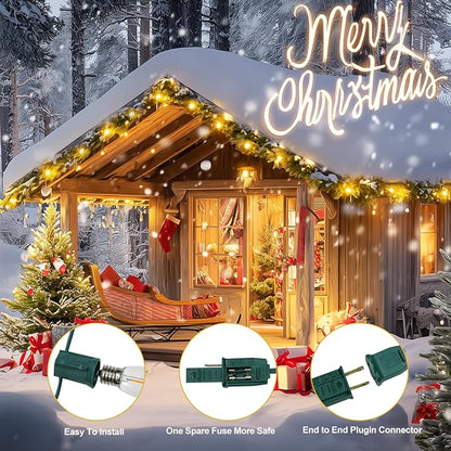 C9 Christmas Lights Outdoor, 100FT Waterproof Warm White LED String Lights for Roofline Xmas Tree Patio Holiday Party Decor - UL Listed, Commercial Grade, Green Wire (100FT 100Bulbs+4)
