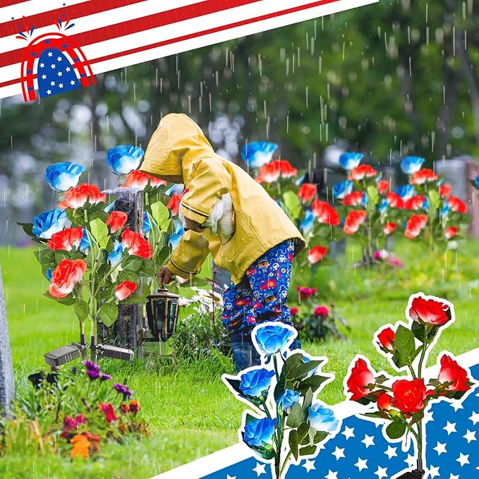 Woanger 4 Pcs Solar Flowers Cemetery Grave Decorations Outdoor LED Flower Lights with 6 Rose Powered Garden Stake Lights Waterproof for Independence Day 250 Anniversary USA Decorations(Red, Blue)