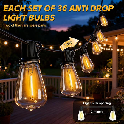 78(72+6) FTSolar String Lights Outdoor IP65Waterproof, Garden LightUSB & Solar Charging,With Remote And 36+2 LED Shatterproof Bulb 8 Light Modes,Dimmable solar lights,Decoration For Camping Backyard