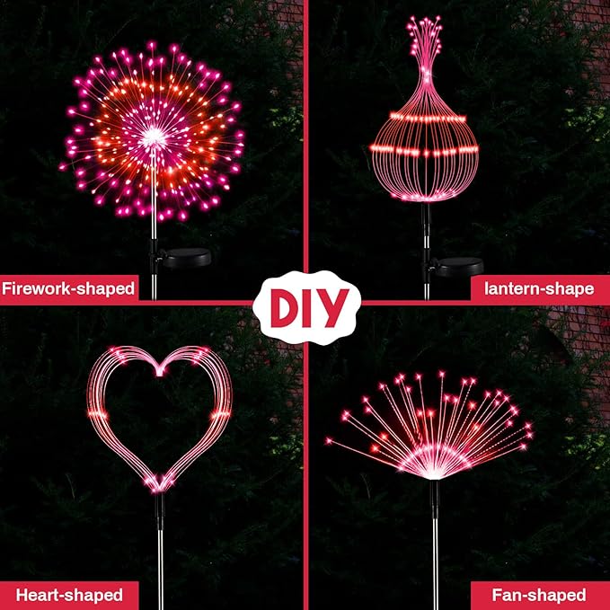 6 Pcs Valentine's Day Solar Firework Lights Solar Lights Outdoor Garden 120 LED 8 Modes Waterproof LED Sparkler Outdoor for Valentines Patio Yard Pathway Walkway (Valentine's Day Color)