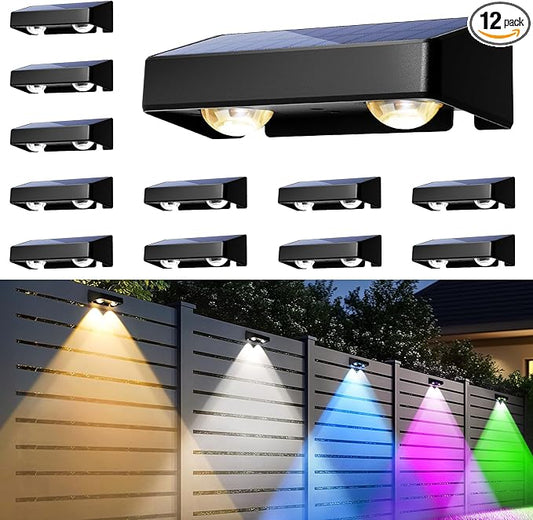 Solar Fence Lights Outdoor, Solar Wall Lights 9 Fixed Colors ＆ Color Changing Modern Solar Powered Deck Lights for Halloween Step Stair Patio Backyard Porch Railing decor, IP65 Waterproof (12 Pack)