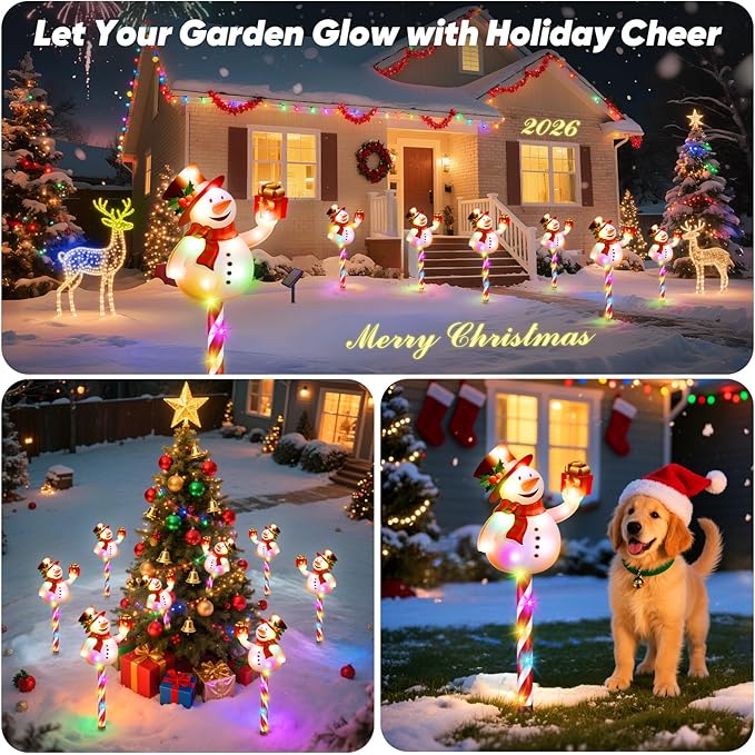 Solar Christmas Decorations Outdoor: Set of 5 Snowman Pathway Lights with Candy Cane Stakes - 10 Modes Waterproof Solar Powered Holiday Yard Decor for Garden Lawn Walkway - Gifts for Women Men