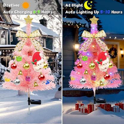 4 Pcs Solar Christmas Tree Pink, Outdoor Christmas Decorations, 80 LED Waterproof Solar Christmas Lights, Multicolor Xmas Tree Lights for Outside Holiday Pathway Yard Garden Patio Cemetery Decor
