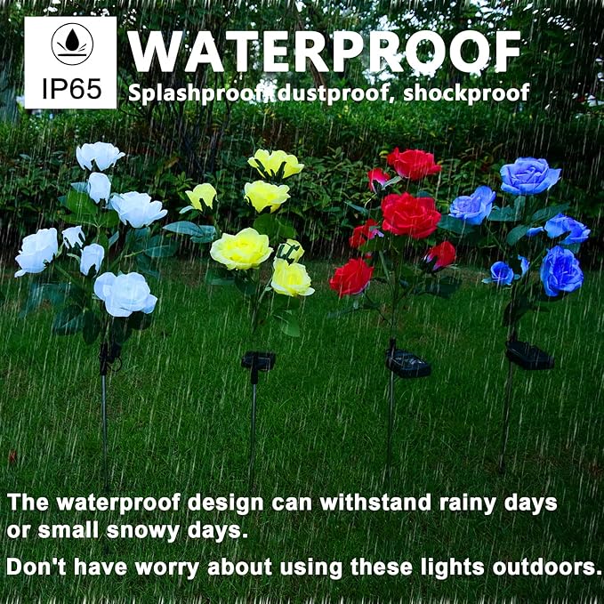 Upgraded 4 Pack White Outdoor Solar Powered 7 Rose Flowers Garden Stake Light, LED Solar Powered Light Decorative Flower Lamp, Waterproof Solar Decorative Light for Garden Yard Patio Pathway Light