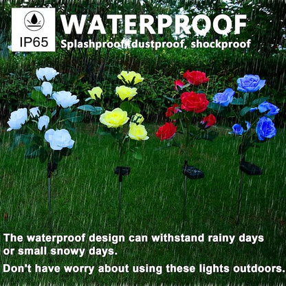 Upgraded 4 Pack White Outdoor Solar Powered 7 Rose Flowers Garden Stake Light, LED Solar Powered Light Decorative Flower Lamp, Waterproof Solar Decorative Light for Garden Yard Patio Pathway Light