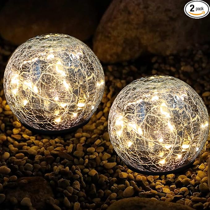 Solar Garden Lights, Cracked Glass Solar Globe Lights, Waterproof Warm White LED Ball for Yard Pathway Patio Lawn Halloween Christmas Outside Decor (Warm Colors, 2 Pack 5.91")