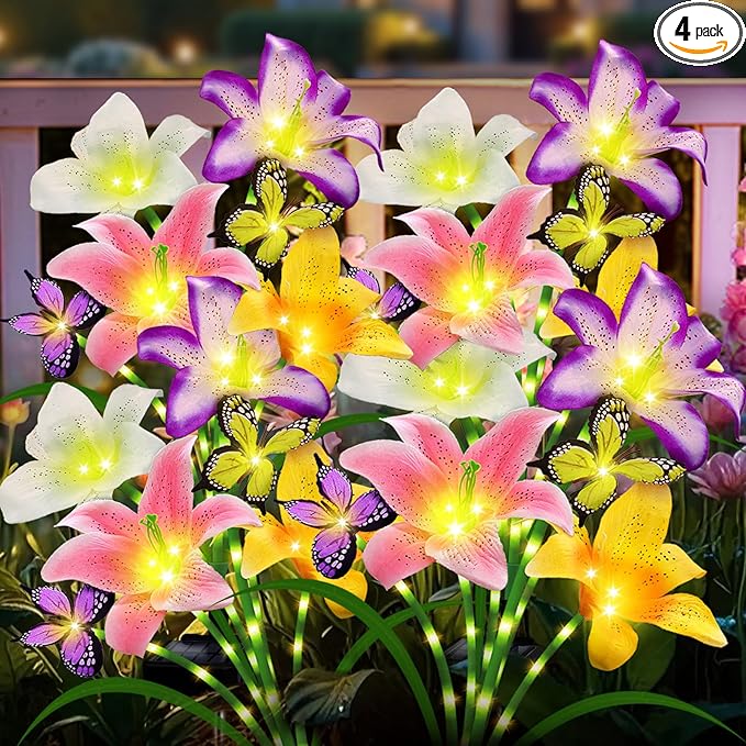 Solar Garden Lights 4 Pack 16 Lily Flowers with Butterfly Decor, Gifts for Mom Woman Birthday Solar Flower Lights for Outside, Cemetery Flowers for Grave - Decorative Lilies for Yard, Patio, Pathway