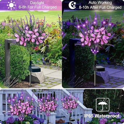 Dremisland 2Pack Solar Flowers Lights Outdoor Waterproof Purple Lavenders Solar Butterfly Lights Solar Artificial Flower Butterfly Garden Decoration for Yard Patio Pathway Lawn Courtyard