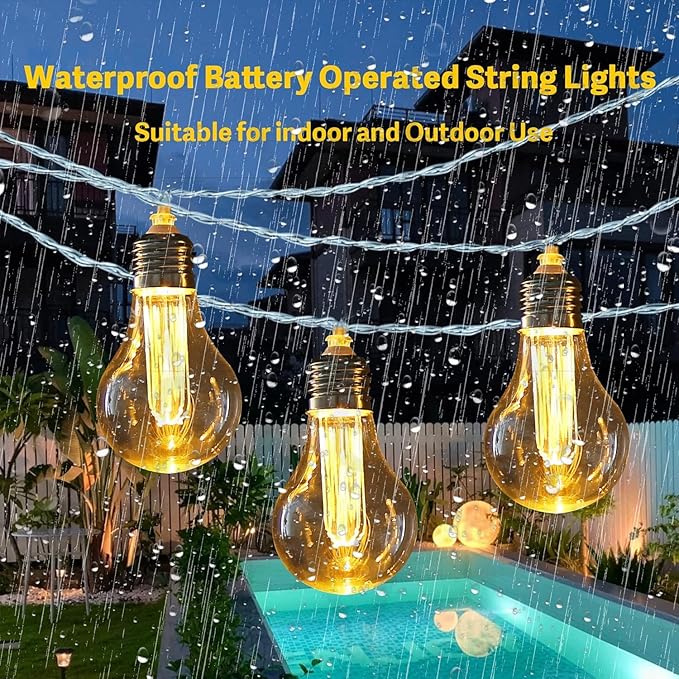 Battery Operated Edison Lights Outdoor String with Timer, 6.56 Ft String of 10 A19 Edison Bulbs, Short Battery Powered Waterproof Plastic String Lights for Hanging Patio Garden (White Cord)