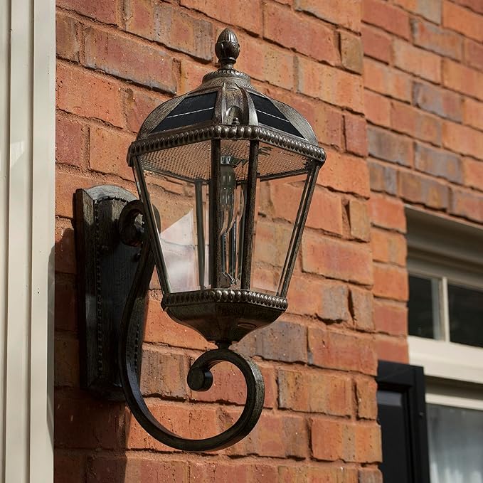 Gama Sonic Solar Outdoor Wall Light, Royal Bulb Exterior Sconce Lamp, Weathered Bronze Finish Aluminum, Rain Water | Lumora