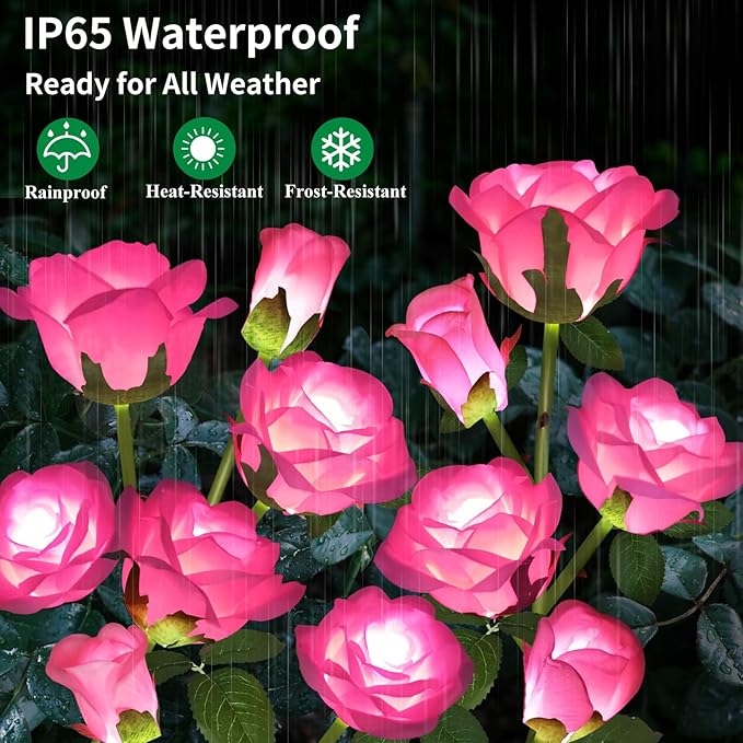 Solar Garden Lights, Solar Outdoor Lights with More Realistic 10 Rose Waterproof Solar Powered Flowers for Outside Patio Yard Pathway Decorations, 2 Pack Pink