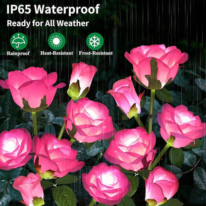 Solar Garden Lights, Solar Outdoor Lights with More Realistic 10 Rose Waterproof Solar Powered Flowers for Outside Patio Yard Pathway Decorations, 2 Pack Pink