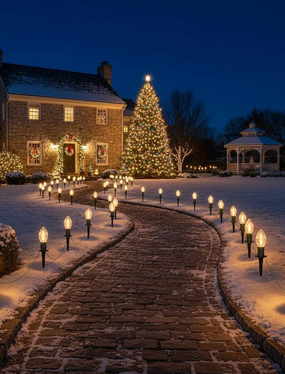 C9 Christmas Lights Outdoor, 38Ft Christmas Pathway Lights with 27 LED Bulbs and 25 Marker Stakes, Connectable Outdoor Decorations Yard Walkway Sidewalk Holiday, Warm White