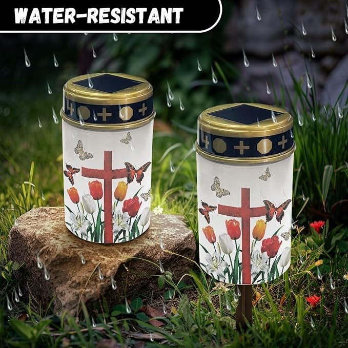 Tulip Cross Garden Stake Light, Solar Lights for Cemetery Grave,Solar Pathway Lights Outdoor Waterproof,Lawn Yard Patio Garden Decor Environment Friendly