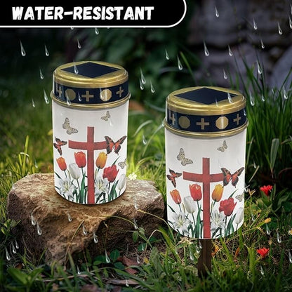 Tulip Cross Garden Stake Light, Solar Lights for Cemetery Grave,Solar Pathway Lights Outdoor Waterproof,Lawn Yard Patio Garden Decor Environment Friendly