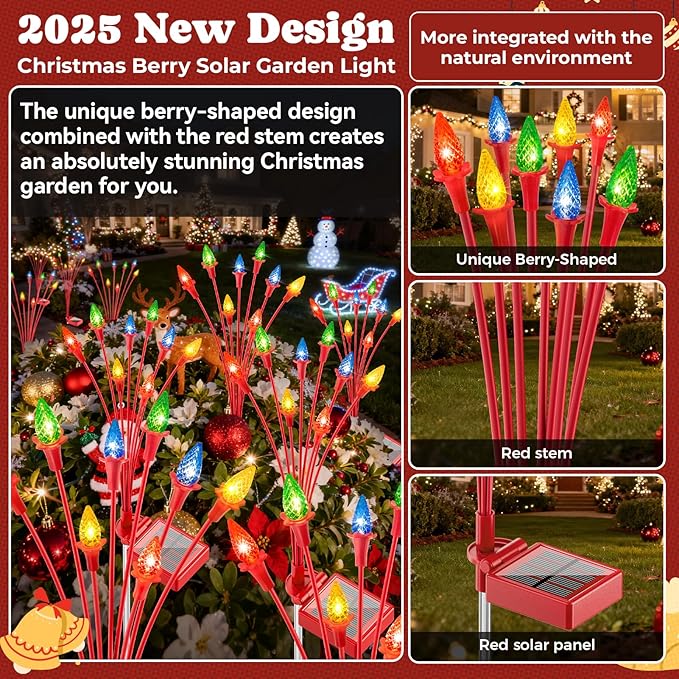 4 Packs Christmas Berry Solar Garden Light with Multiple Colors, Auto ON/Off Solar Lights Outdoor Swaying in The Wind, Christmas Decorating Outdoor Yard Light for Pathway, Pond, Courtyard