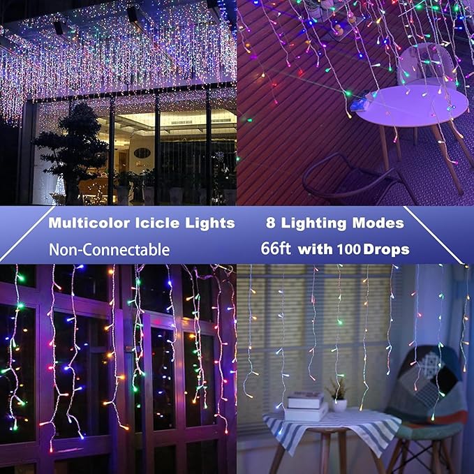 Joomer Christmas Icicle Lights - 66FT String Lights Outdoor Waterproof, 8 Modes Timer Connectable Plug-in String Light for Eaves, Roofs, Christmas Decorations (Multicolor, Non-Connectable)