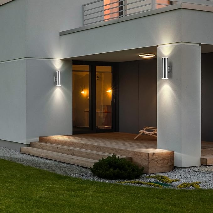Dusk to Dawn Sensor Outdoor Porch Light, Anti-Rust Waterproof Up Down Metal Cylinder Wall Lights with Stainless Steel 304 for Courtyard Garage Entryway (13" Height, UL Listed, No Bulbs)