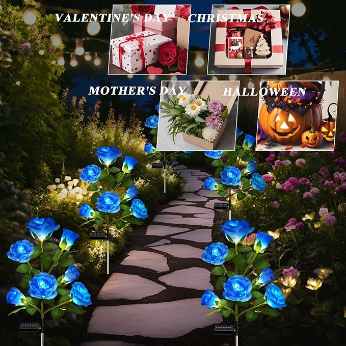 DWH 1 Pack Solar Garden Lights Outdoor, 7-Flower Rose Solar Lights for Yard, LED Solar Powered Stake Lights for Patio Pathway Lawn Fence Cemetery, Blue