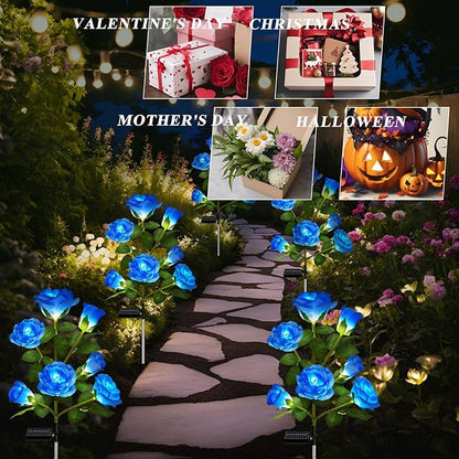 DWH 1 Pack Solar Garden Lights Outdoor, 7-Flower Rose Solar Lights for Yard, LED Solar Powered Stake Lights for Patio Pathway Lawn Fence Cemetery, Blue