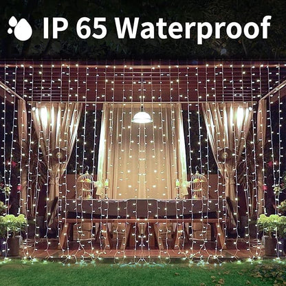 300LED Solar Curtain Lights - Outdoor/Indoor Solar String Lights with 8 Modes & Waterproof Design for Home Garden Patent Decoration (Cold White)