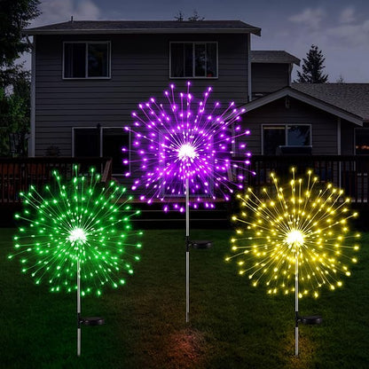 3 Pcs Mardi Gras Solar Firework Lights Solar Lights Outdoor Garden 120 LED 8 Modes Waterproof LED Sparkler Outdoor for Carnival Patio Yard Pathway Walkway (Purple,Yellow,Green)