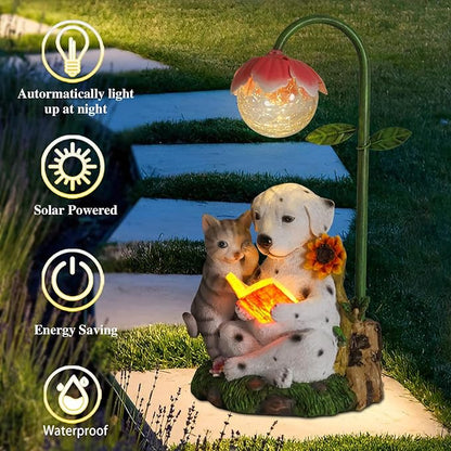 Afirst Solar Garden Statues, Dog Statues Outdoor Resin Figurine with Solar Lights Statue Decorations for Lawn, Patio, Balcony, Yard Ornament Mother's Day Gifts, Dalmatian and Cat, Dog&Cat