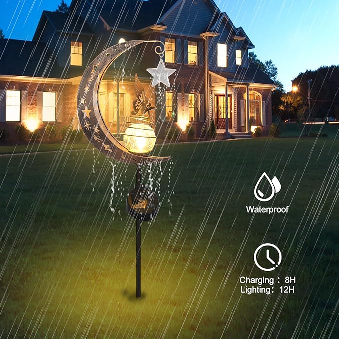 Solar Lights Outdoor Garden,Moon Fairy Solar Light, Decorations Crackle Glass Globe with Angel Pathway Stake Light, Waterproof Lights for Pathway Lawn Patio, Black