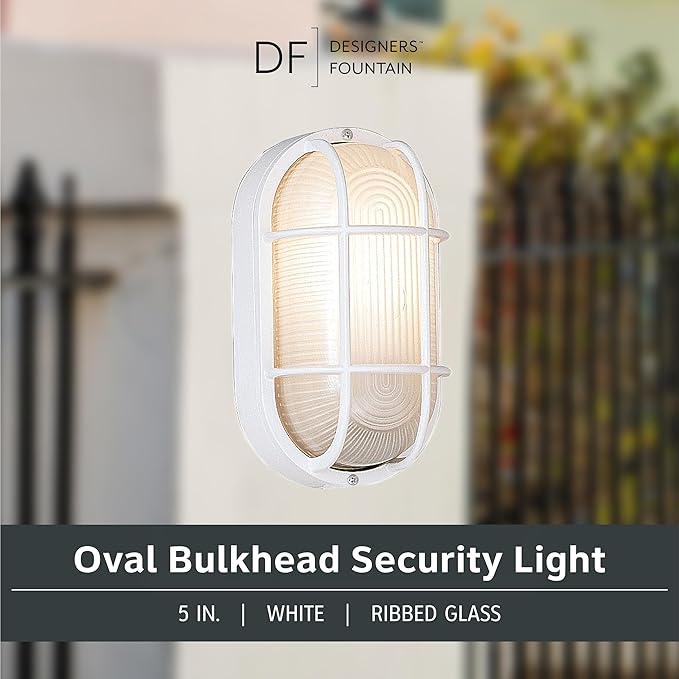 Designers Fountain Outdoor Wall Light, 5 Inch Oval Bulkhead Lighting Fixture with Cage Guard, Porch or Patio | Lumora