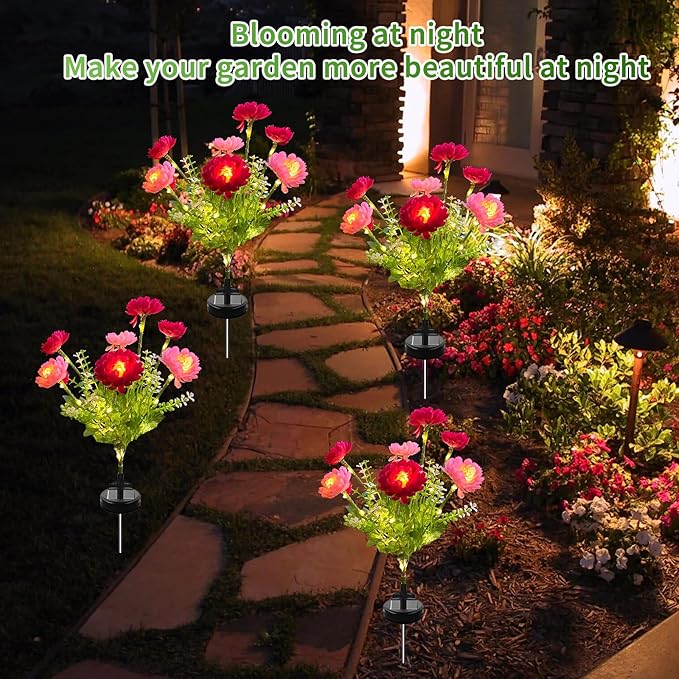 3-Pack Solar Garden Lights – 21 Solar Snow Lotus Flowers, Waterproof Auto On/Off Pathway Lights for Yard, Walkway, Patio & Cemetery Decor (Red)