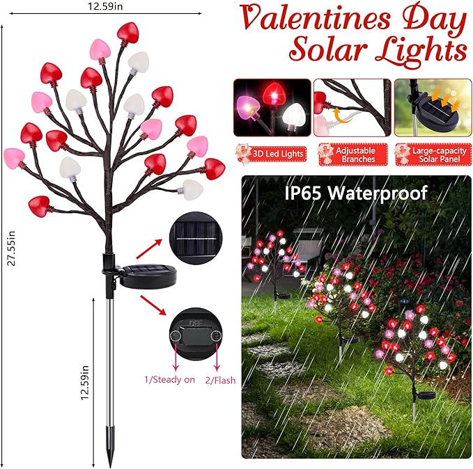 2 Pack Valentine's Day Solar Outdoor Lights, Valentines Day Decor Red Pink White Heart Solar Valentine Lights, Valentines Day Solar Decorations Outdoor Garden Lawn Yard Decorations