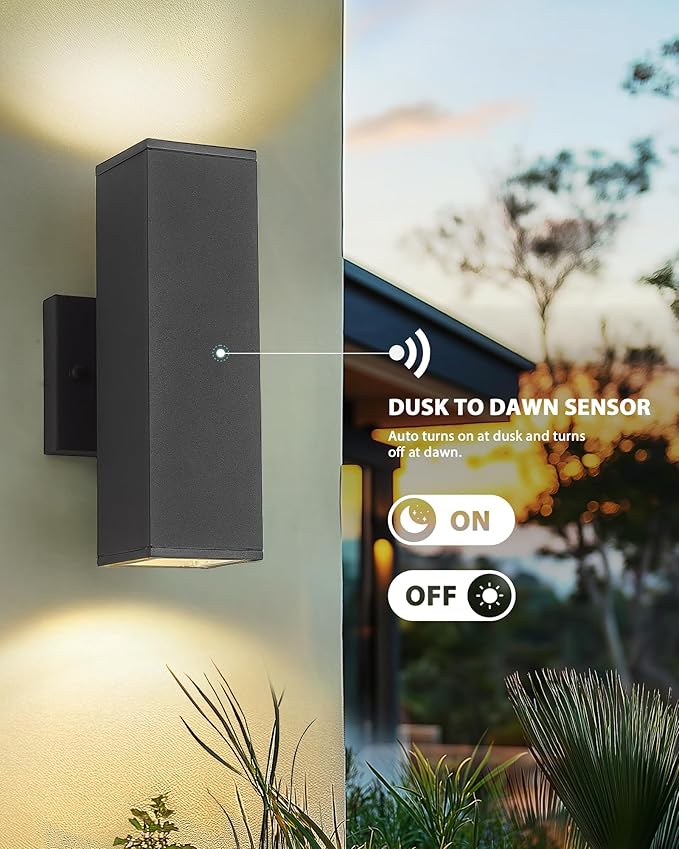 Ken & Ricky Outdoor Wall Light Fixture,Exterior Lighting Fixtures,Dusk to Dawn Modern Sconce Lights for Porch Patio Garage Front Door (Black,Square,with Sensor,1PK)
