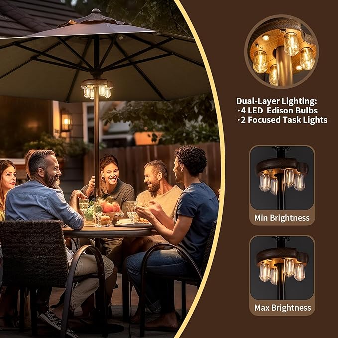 Dark Wood Grain Patio Umbrella Light with Remote Control, Rechargeable Cordless LED Edison Bulbs Pole Light with 10 Brightness Levels for Garden, Patio, Backyard, Camping or BBQ (1 Pack)