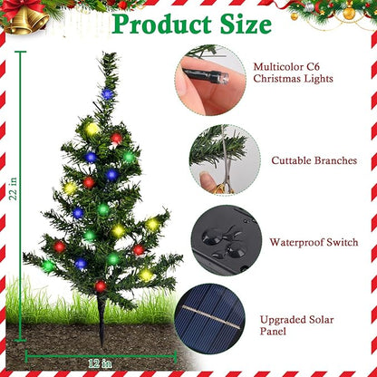 2 Pack Solar Christmas Tree Lights Outdoor - 22 Inch Solar Christmas Tree with 100 LED Multi-color C6 String Lights for Outside Decorations, Outdoor Decor Xmas Lighted Trees for Yard Pathway Cemetery