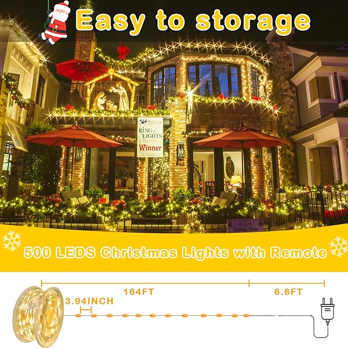 Decute 500LED 164ft Fairy String Lights Christmas Lights Indoor Outdoor Silver Wire with Remote, Firefly Lights Starry for DIY Christmas Tree Costume Wedding Party Table Centerpiece Decor(Warm White)