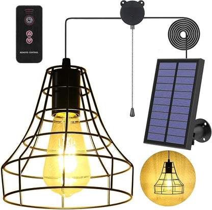 Solar Pendant Lights, Solar Powered Shed Light with Pull Cord and Remote for Outdoor Indoor, Solar Chandelier, Gazebo Light with Adjustable Panel for Yard Patio Balcony Barn Garage
